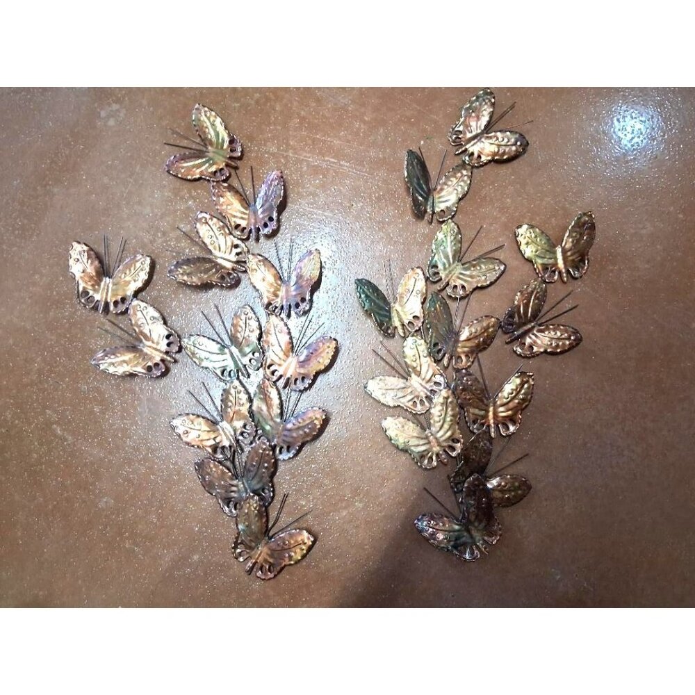 Vintage Metal Butterfly Wall Art Sculpture Metallic Brass Home Decor MCM 2 pcs.
